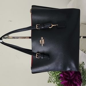 Coach Mollie Black Pebbled Leather Satchel Tote Handbag Small